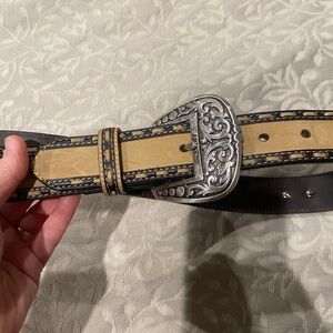 Ariat Black and Tan Leather Belt with Silver Buckle